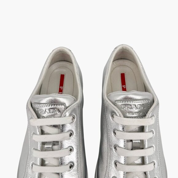 Prada Cap Toe Low Top Sneakers Size 41 US 11 Metallic Silver Leather Logo Shoe - Picture 4 of 14